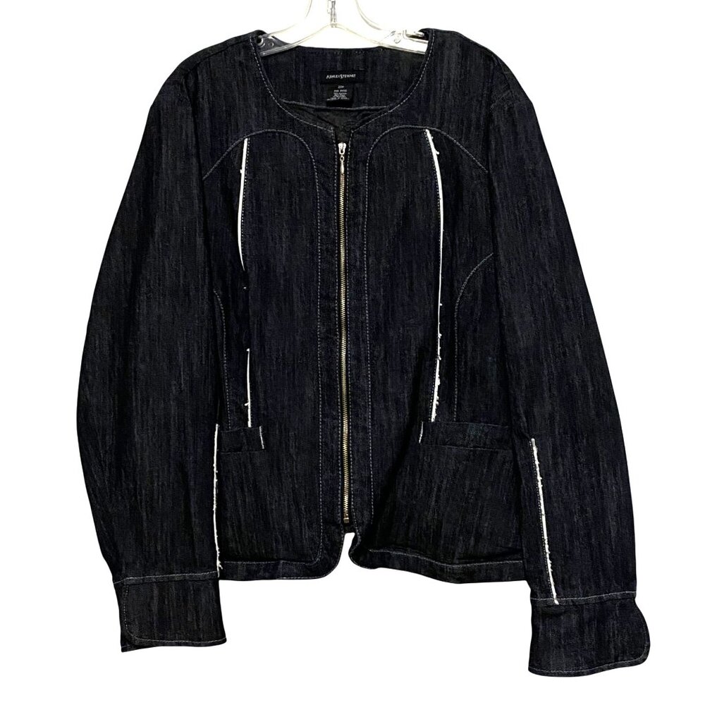 Ashley‎ Stewart Jean Jacket 20W Blue Elevated Moto Style Front Zip Project Piece